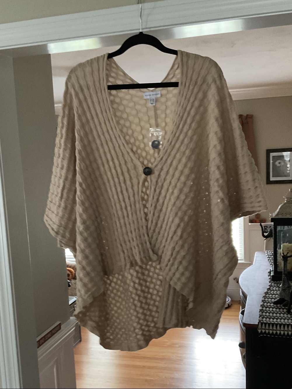 Susan Graver Cream Open-Knit V-Neck Poncho Sweater